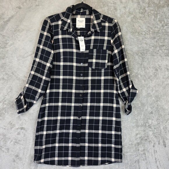 Abercrombie & Fitch Shirt DressWomens S Black Plaid Button Down Flannel Pocket - Picture 1 of 11